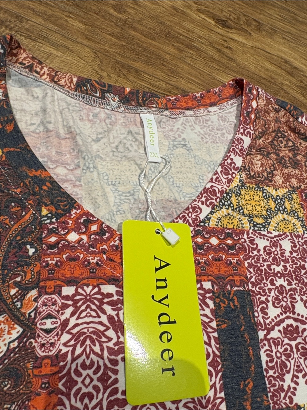Rust Multi Patchwork V-Neck Short Sleeve Top - Picture 2 of 10